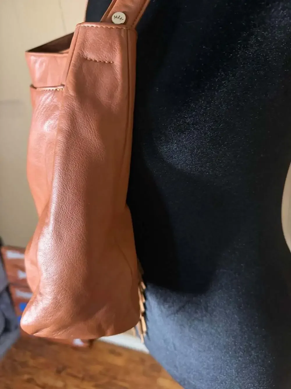 Elaine Turner Cognac Leather Fringe Hobo Shoulder Bag with Pink Lining